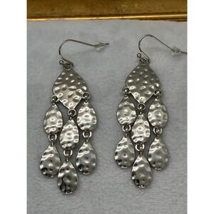 Silver Tone Hammered Teardrop Chandelier Dangle Earrings Boho Statement Artsy